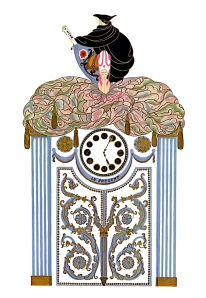 'Clock' for the Show "Awakening the Past" at the Alcazar Music Hall, Marseille, 1923. The dial represents the present, the 18th Century lady represents the past and the cloaked man represents the future